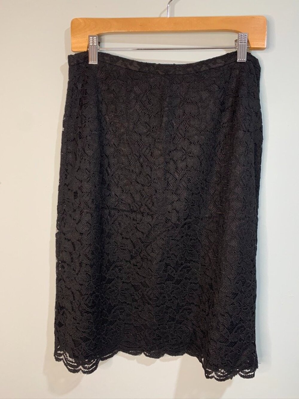 Kate Hill Black Lace Midi Skirt Size 10 NWT Lined Elegant Scalloped Hem